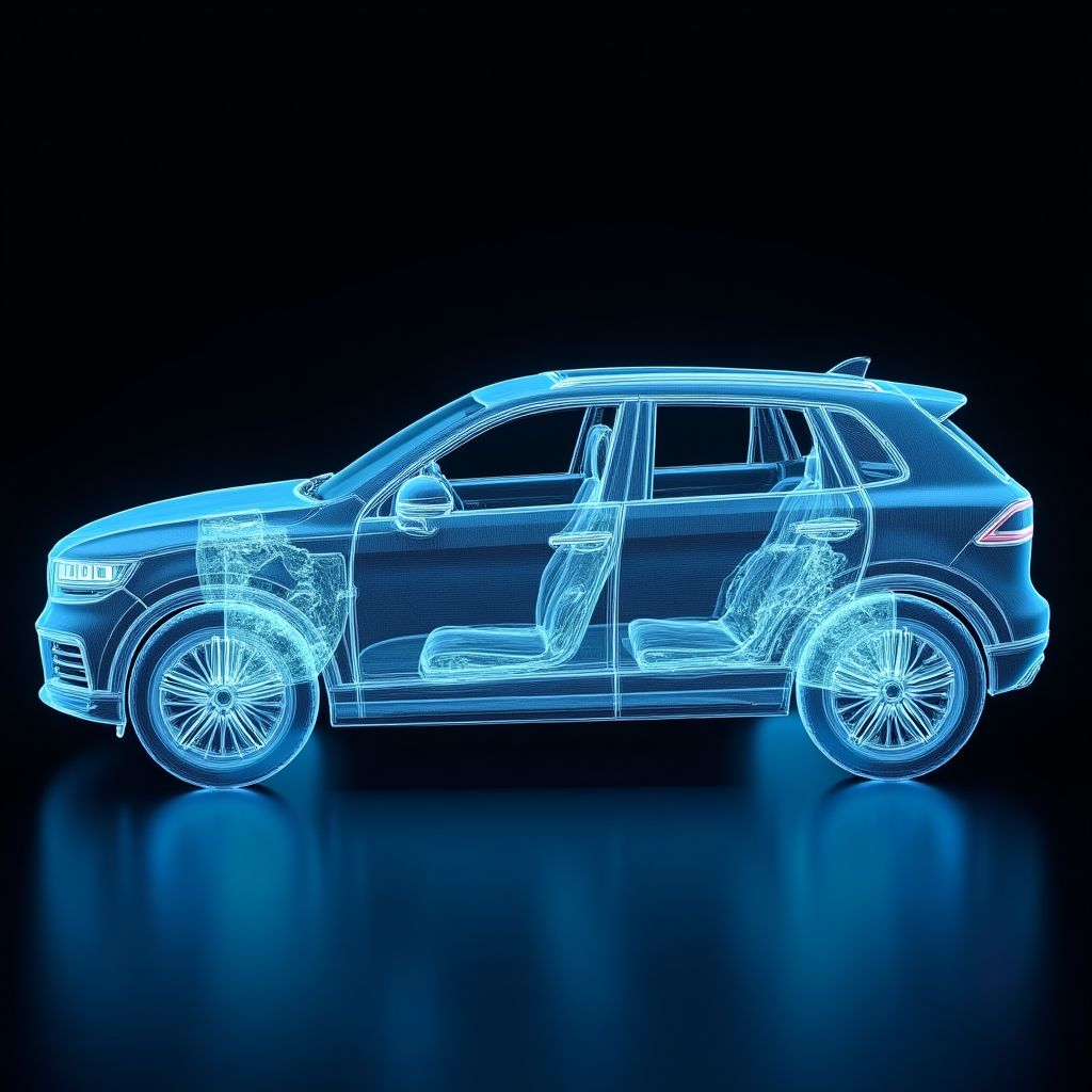 Visualización digital de un coche con datos superpuestos