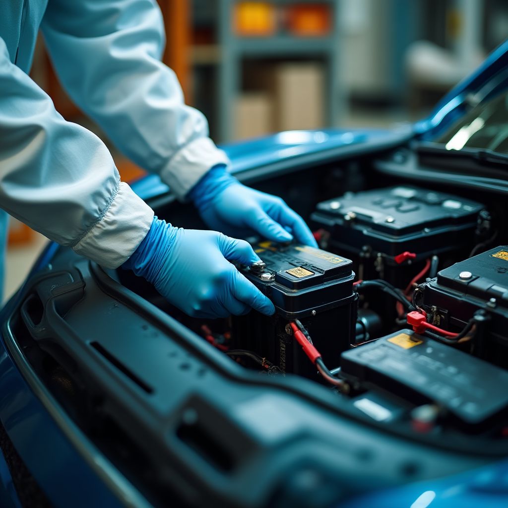 Primer plano de la batería de un vehículo eléctrico siendo inspeccionada