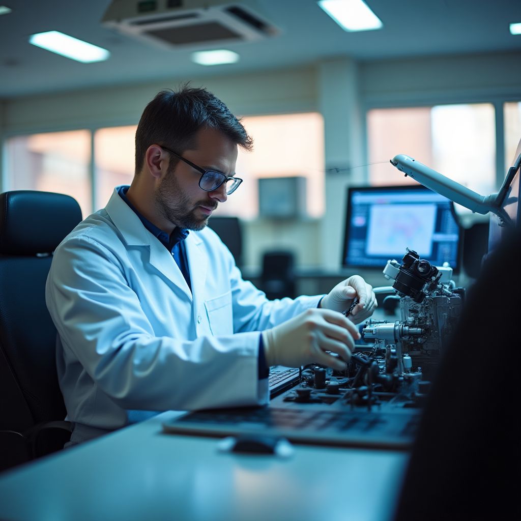 Un técnico trabajando en un avanzado laboratorio de diagnóstico automotriz