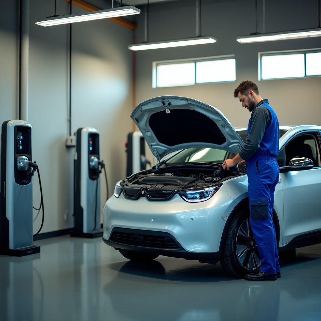 Un mecánico trabajando en un vehículo eléctrico en un taller especializado